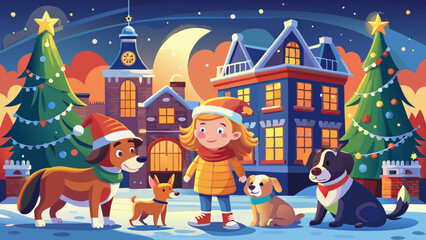 
illustration of dogs in Netherlands with one kid, christmas time, ultra hd 4k