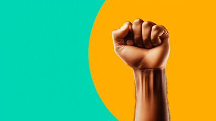 Male fist digital illustration on a color background. International Day. Concept banner for the presentation of the fight for your rights, justice and equality with space for text. Nelson Mandela.