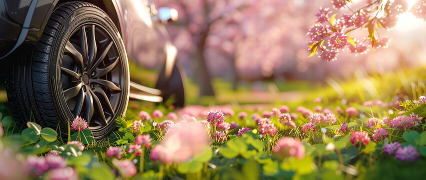 Sunny spring day in a blooming clover field with beautiful pink flowers, a car wheel in the background