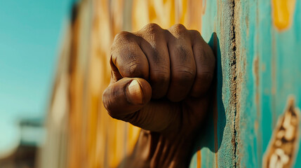 Male fist digital illustration on a color background. International Day. Concept banner for the presentation of the fight for your rights, justice and equality with space for text. Nelson Mandela.