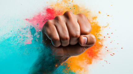 Male fist digital illustration on a color background. International Day. Concept banner for the presentation of the fight for your rights, justice and equality with space for text. Nelson Mandela.