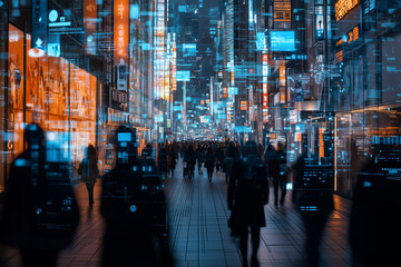 Obraz premium Exploring a vibrant futuristic city as citizens engage with digital interfaces