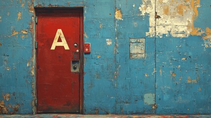 Red Door Against Weathered Blue Wall