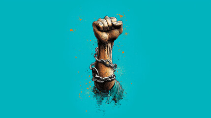 Male fist chains digital illustration on a color background. International Day. Concept for the presentation of the fight for your rights, justice and equality with space for text. Nelson Mandela.