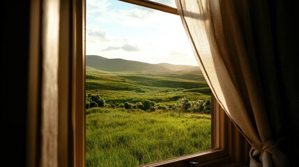 Fototapeta premium A serene view of lush green hills through a window with soft curtains.