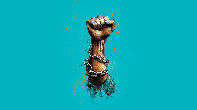 Male fist chains digital illustration on a color background. International Day. Concept for the presentation of the fight for your rights, justice and equality with space for text. Nelson Mandela.
