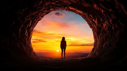 Fototapeta premium A silhouette of a person stands in a cave, witnessing a breathtaking sunset.
