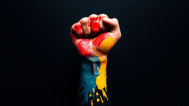 Male fist digital illustration on a color background. International Day. Concept banner for the presentation of the fight for your rights, justice and equality with space for text. Nelson Mandela. - Powered by Adobe