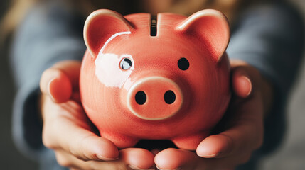 A person presents a red piggy bank, emphasizing the significance of saving money and financial responsibility in a cozy indoor environment