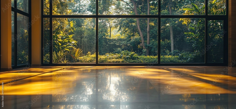 Aufkleber sunbeams reflecting on a polished floor through a large window overlooking a green garden.