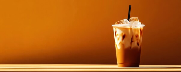 A tantalizing cup of iced coffee sits against a warm, orange backdrop, showcasing the perfect blend of rich flavors and refreshing ice. Ideal for hot summer days.