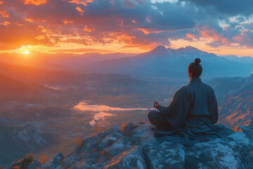 Obraz premium A ninja finds peace while meditating atop a serene mountain at sunset