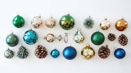 Flat lay of Christmas ornaments, pine cones, and festive decorations arranged on a white background. PNG transparent