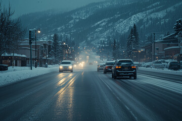 Obraz premium Snowy city highway driving on a slippery road during winter twilight hours