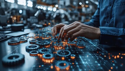 Businessman connecting gears with hand on digital table, AI technology concept for business process management and data science in the office background.