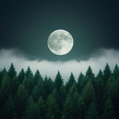 Fototapeta premium Artificial moonlight shining on mist-covered forest, eerie and mystical feeling