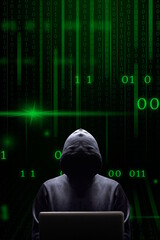 Silhouette centr&eacute;e du cybercriminel devant son &eacute;cran d'ordinateur portable sur fond de donn&eacute;es binaires vert format  vertical portrait