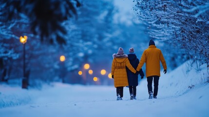 Three friends walk hand-in-hand through a snowy park, illuminated by cozy street lights.