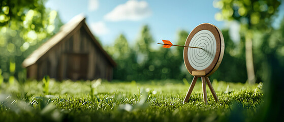 Naklejka premium Vintage archery target in lush green field near rustic barn