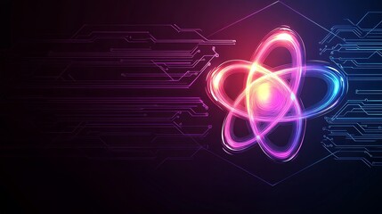 Obraz premium Abstract glowing atom symbol on a dark blue and purple background with digital lines.