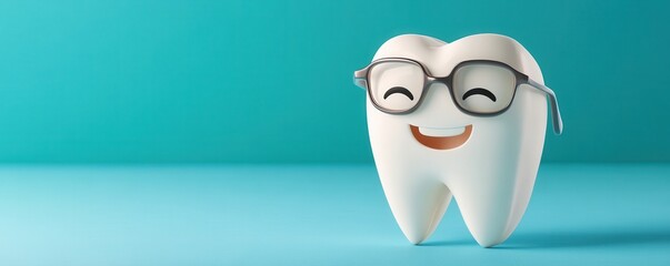 Obraz premium A cheerful cartoon tooth wearing glasses, smiling against a vibrant teal background, promoting dental health and oral care.