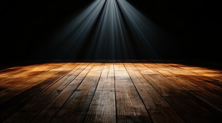 A dimly lit wooden floor with beams of light illuminating the surface, creating a dramatic and inviting atmosphere suitable for performances, photography, or artistic displays.