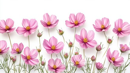 Fototapeta premium Pink Cosmos Blooms on White Background