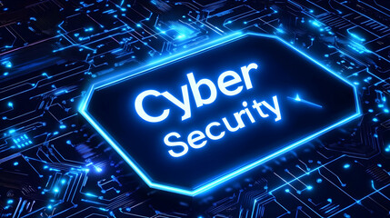 Cyber Security glowing text on a futuristic circuit board.