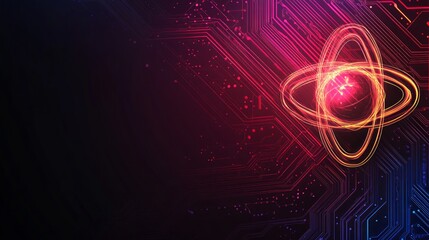 Obraz premium Abstract glowing atom symbol on a circuit board background.