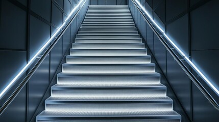 Cold industrial lighting on a metal staircase, minimalist and sleek urban design