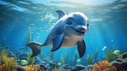 A cartoon dolphin is swimming in the ocean with a smile on its face