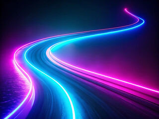 Neon road effect. Curved blue and pink LED light trails, creating fast motion. Laser stripes glowing on a dark backdrop. Horizontal template color gradient, rough retro vibe shine bright light