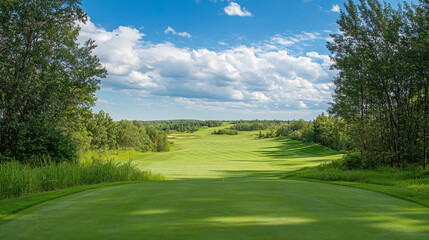 Fototapeta premium Lush Fairway Winding Through Scenic Golf Course Landscape with Rolling Hills