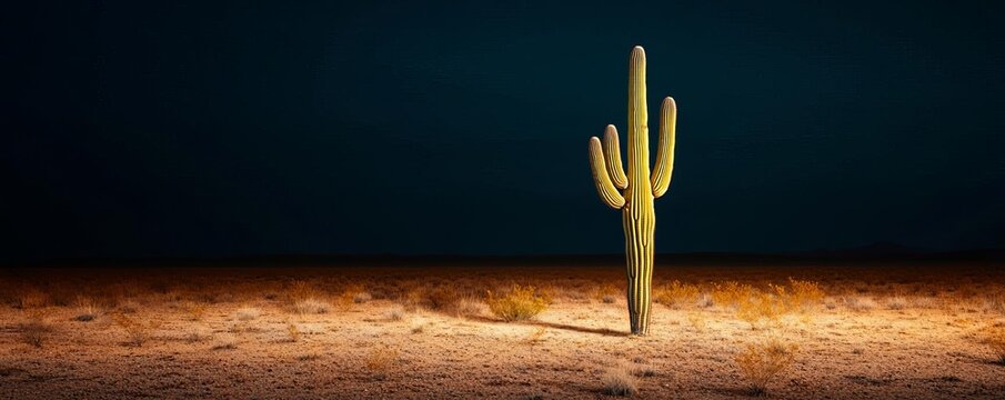 Dramatic lighting on a lone cactus in a desert at night, isolated and mysterious