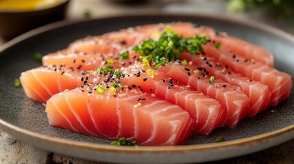 Tuna sashimi cut into rectangular pieces on a plate on a traditional Japanese restaurant table