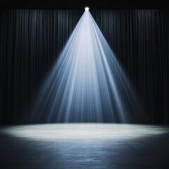 Dramatic spotlight on empty stage with dark curtains, theatrical and suspenseful feel