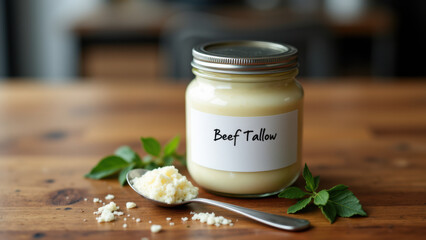 A jar of homemade beef tallow with a spoonful of herbs nearby, on a rustic wooden table.