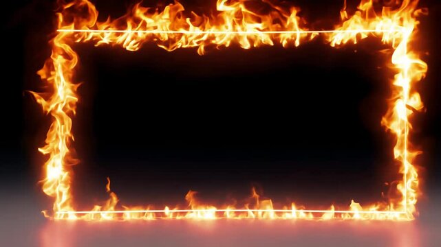 Fiery rectangular frame with intense flames surrounding an empty black center, perfect for bold text or dramatic visuals.