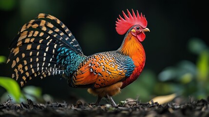 Fototapeta premium A colorful rooster with an impressive plumage in a natural setting.