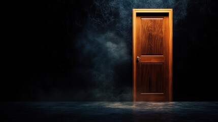 A mysterious wooden door stands against a dark backdrop, enveloped in fog, inviting curiosity and intrigue about what lies beyond.