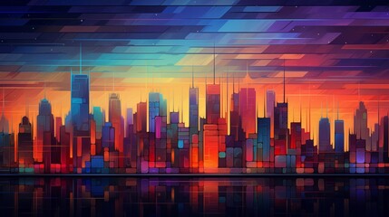 Obraz premium A dynamic illustration of a city skyline made entirely of lines and geometric shapes in vibrant colors.generative ai illustration