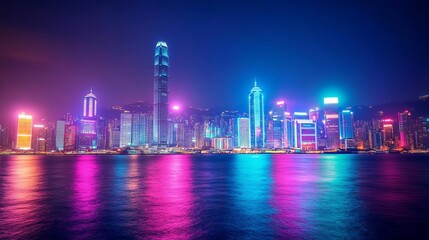 Futuristic city skyline with dynamic lighting effects, glowing neon accents, vibrant night scene