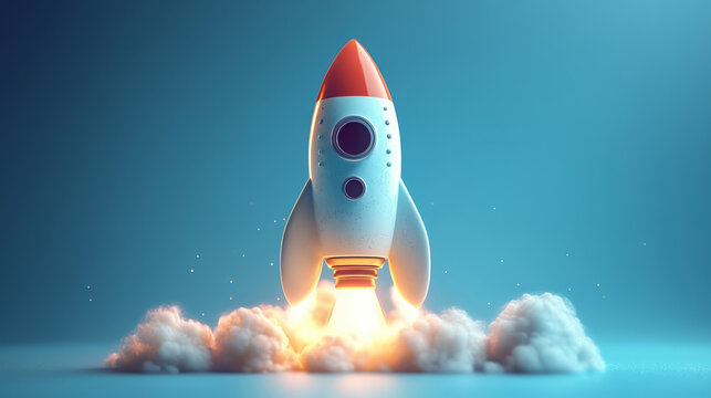 Cartoon rocket launch to explore the universe World Space Day illustration