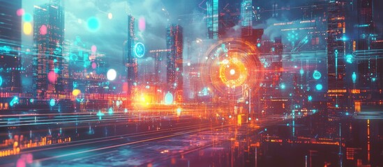 Obraz premium Futuristic cityscape with vibrant colors and digital elements.
