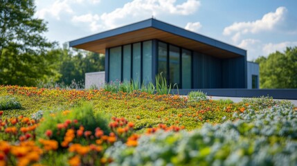 Modern Eco-Friendly House with Green Roof and Flowers
