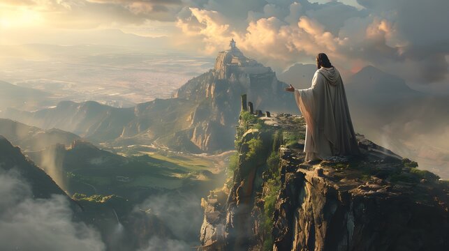 A steadfast Jesus standing on a high cliff, with Satan pointing down towards the expansive view of kingdoms and lands, symbolizing the temptation of ruling over all he sees 