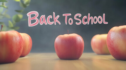 Four red apples arranged on a wooden surface with the words Back to School written in pink on a black background.