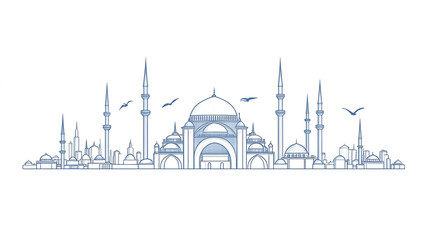 Mosque silhouette with minarets, minimal line art, isolated on white background