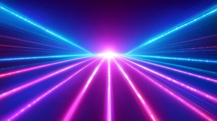 Obraz premium Abstract glowing neon lines in pink and blue converging towards a bright white light source, on a dark background.