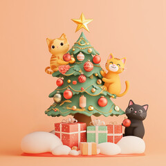 Obraz premium Three playful cats climb and decorate a Christmas tree adorned with festive ornaments and surrounded by colorful, beautifully wrapped gifts, creating a cozy and cheerful holiday scene